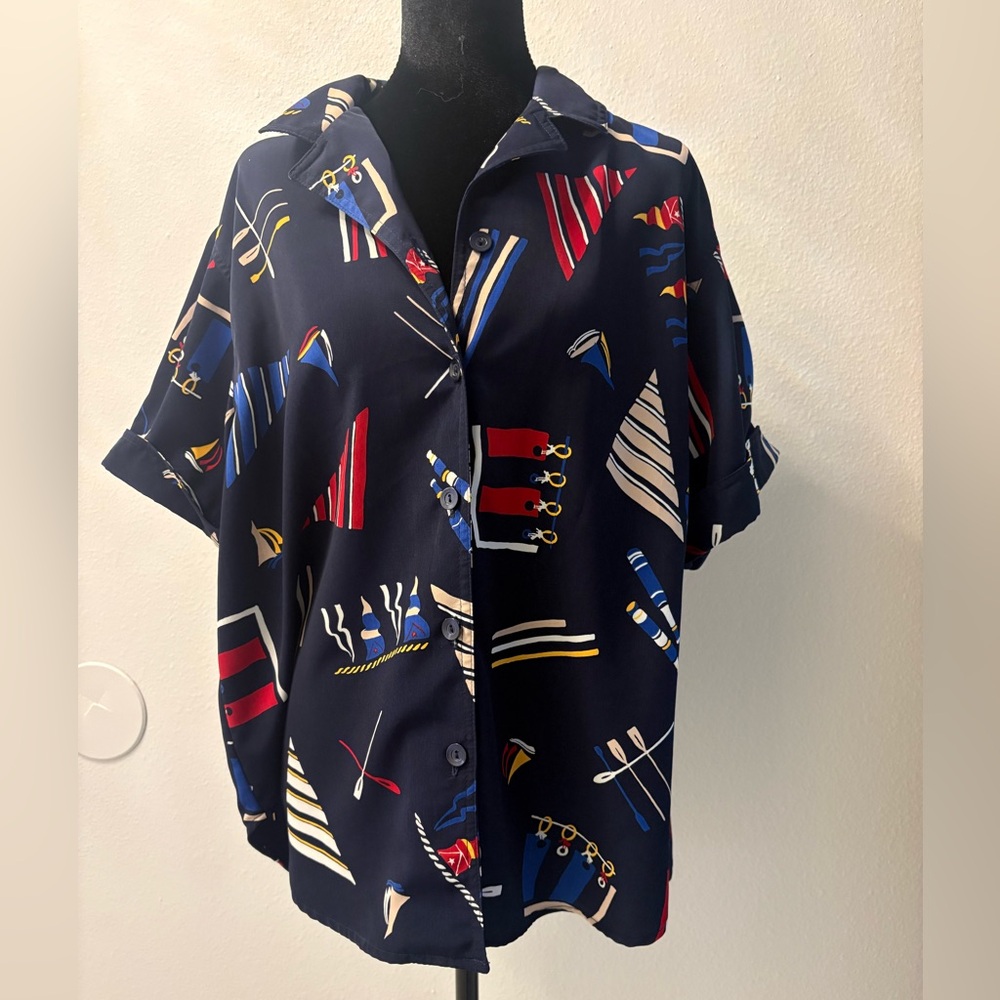Erin London Navy Print Blouse with Cream and Blue Accents